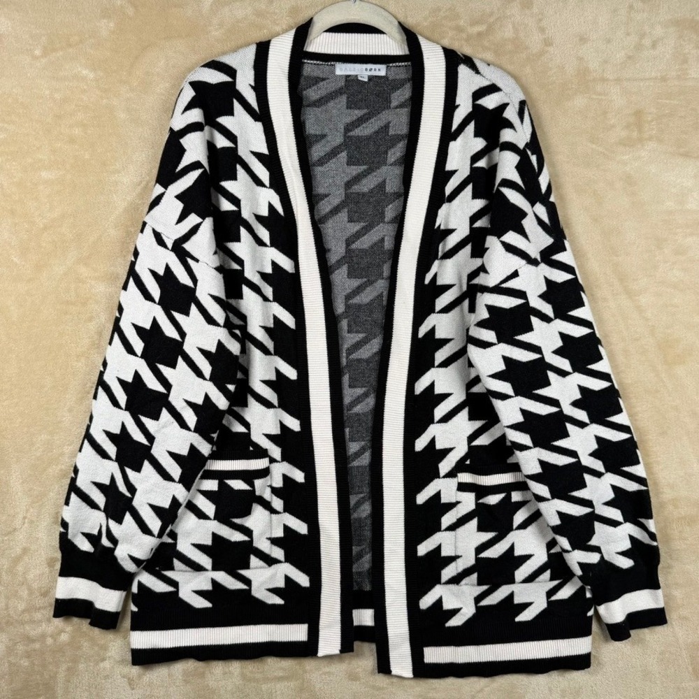 Baltic Born Houndstooth Cardigan Sweater Womens XL Black White Open Front Pocket